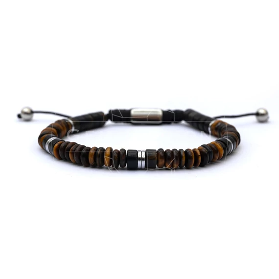 Tigrisszem és ónix, button, csúszócsomós ásvány karkötő, nemesacél köztes dísszel 8 mm,állítható