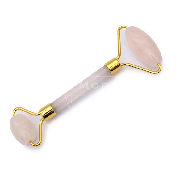 Rózsakvarc masszázs roller, 2 hengeres, arany szín, kb. 14 cm