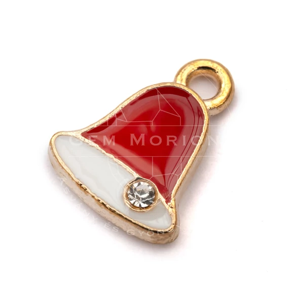 Karácsonyi harang, piros (zománcos) medál strasszköves, 12x10 mm (1 db)
