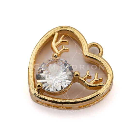 Szív-szarvasfej (arany szín) medál, 14 mm, strasszkővel, 18K bevont (1 db)