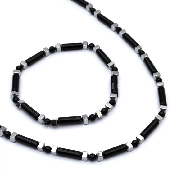 Ónix hengeres és hematit négyszög nyaklánc (45 cm) és karkötő (18 cm) szett