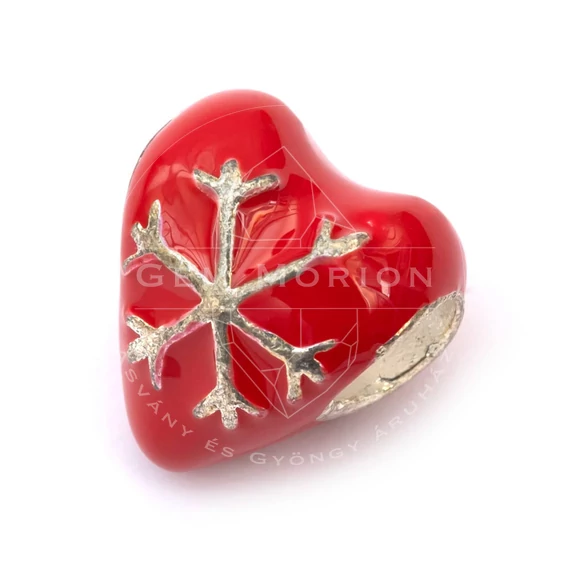 Hópehely mintás szív köztes dísz, piros, ezüst szín, 13x12 mm, 1 db