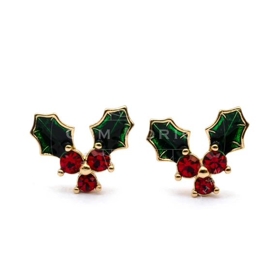 Nemesacél fülbevaló, magyal, 18K bevont, piros-zöld kővel, kb. 10 mm (1 pár)