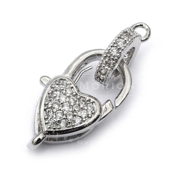 Karabíner, szív, cseh micro pave, réz alap, ródium szín, 10x16 mm, 1 db