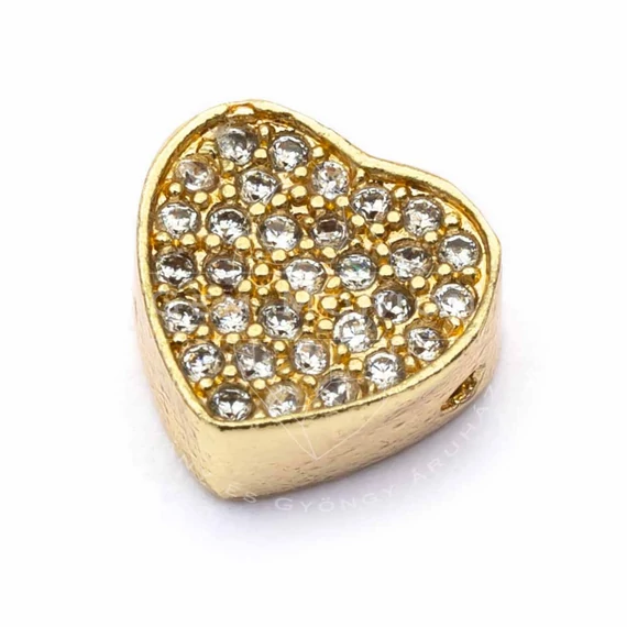 Cubic cirkónia szív arany alapon, üreges, fehér köves, köztes dísz, 9x9 mm (1 db)