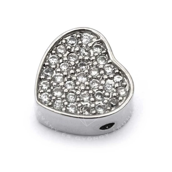 Cubic cirkónia szív ezüst alapon, üreges, fehér köves, köztes dísz, 9x9 mm (1 db)