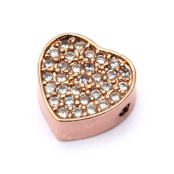 Cubic cirkónia szív rosegold alapon, üreges, fehér köves, köztes dísz, 9x9 mm (1 db)