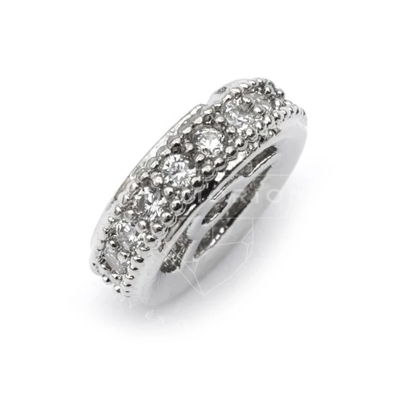 Cubic cirkónia rondella ezüst alapon, belül is mintás,fehér köves, köztes dísz, 10x3 mm (1 db)