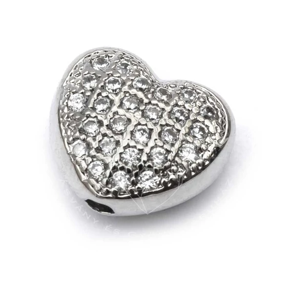 Cubic cirkónia szív ezüst alapon fehér, köztes dísz, 8x9 mm (1 db)