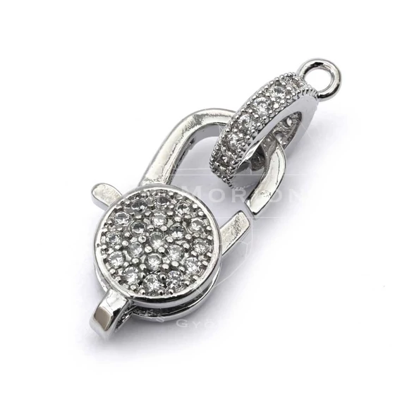 Karabíner, cseh micro pave, réz alap, ródium szín, 10x15 mm, 1 db