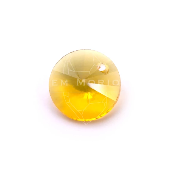 Üveg charm, egyik oldalon fúrt, fazettált, sárga, 14x7 mm