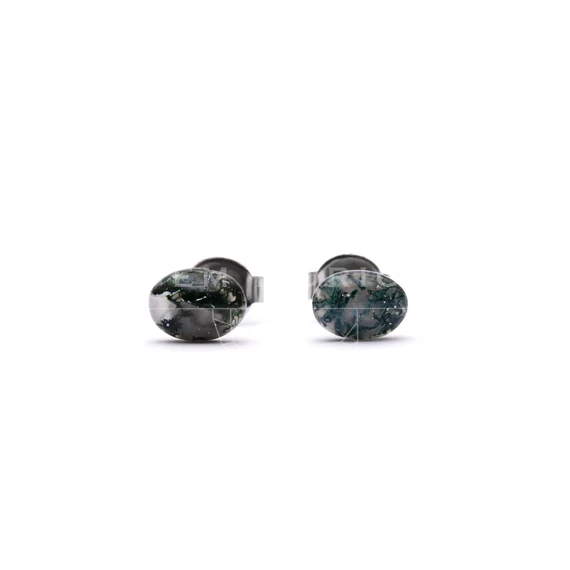 Mohaachát ovál cabochon fülbevaló nemesacél szerelékkel, 5x7 mm