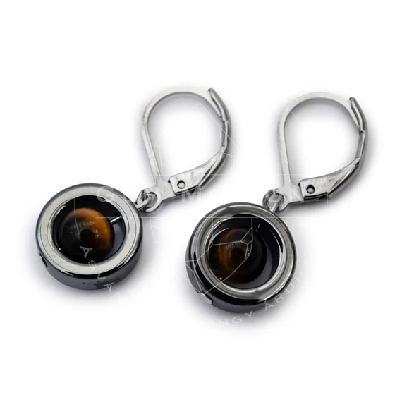 Hematit karika, 6 mm golyós tigrisszem fülbevaló, 12-30 mm