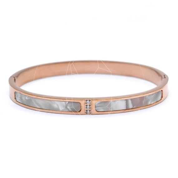 Nemesacél, kagylós és köves rosegold színű merev karkötő, kb. 17 cm