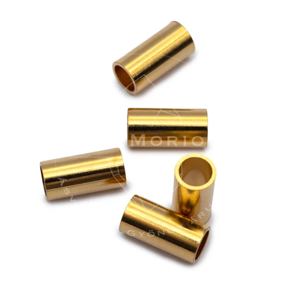 Nemesacél henger, köztes dísz, 24K aranyozott, kb. 10x5 mm, 4 mm furat (5 db)