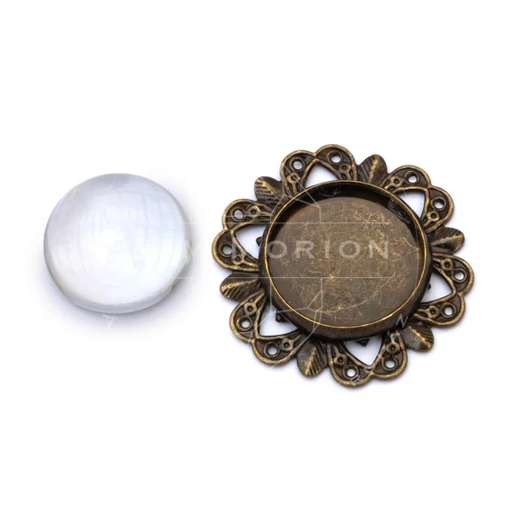 Foglalat üveg cabochon kővel, kerek, díszes, bronz szín, átmérő: 20 mm, tálca: 14 mm, 1 db