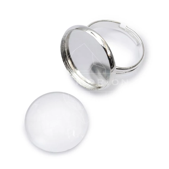 Gyűrű alap üveg cabochon kővel, kerek, állítható, gyűrű: 17 mm, tálca: 18 mm, 1 db