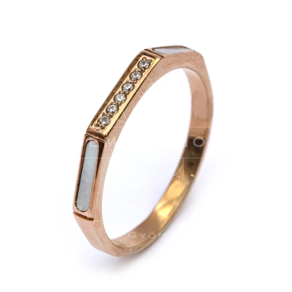 Nemesacél gyűrű, kagylós, szögletes, 6 pici kővel, rosegold színű, kb. 56-57 méret