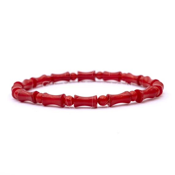 Bambuszkorall női gumis ásvány karkötő, csontocska és golyó (1), piros, 5 mm, 16 cm