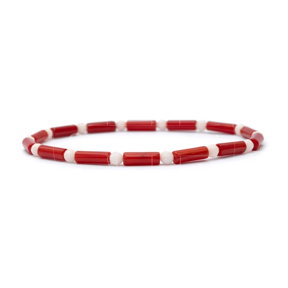 Bambuszkorall női gumis ásvány karkötő, henger és fazettált golyó, piros-fehér, 3,5 mm, 16 cm