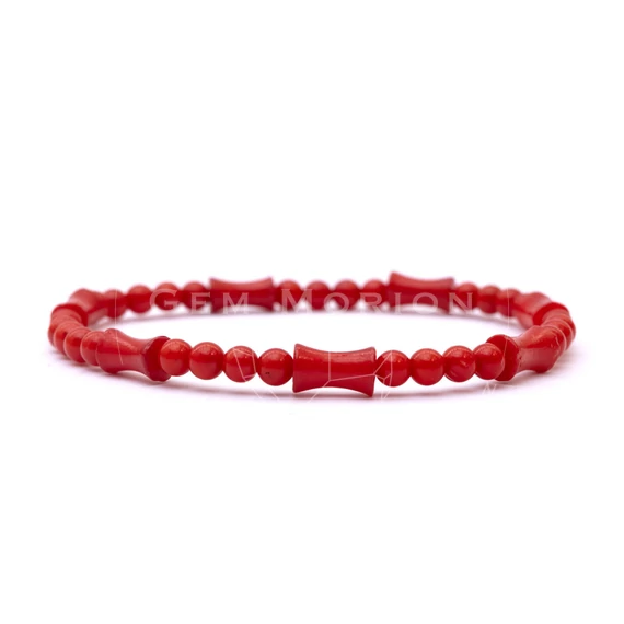 Bambuszkorall női gumis ásvány karkötő, csontocska és golyó (2), piros, 5 mm, 16 cm