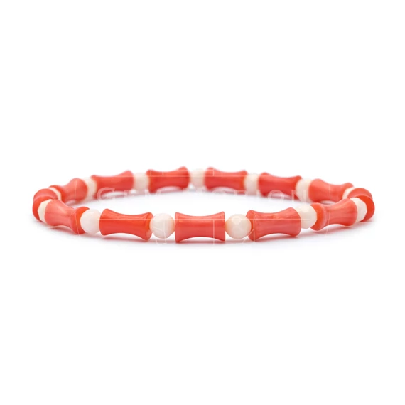Bambuszkorall női gumis ásvány karkötő, csontocska és golyó (1), rózsaszín-fehér, 5 mm, 16 cm