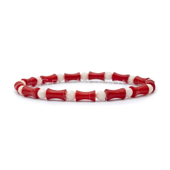 Bambuszkorall női gumis ásvány karkötő, csomtocsk és fazettált golyó, piros-fehér, 5 mm, 16 cm