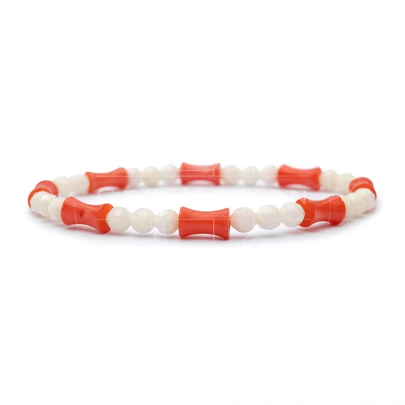Bambuszkorall női gumis ásvány karkötő, csontocska és golyó (2), rózsaszín-fehér, 5 mm, 16 cm