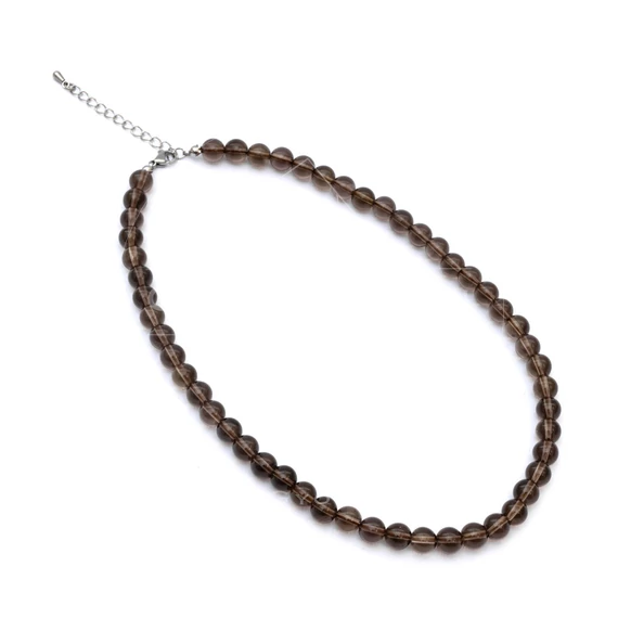 Füstkvarc nyaklánc nemesacél szerelékkel, 8 mm, 40+5 cm