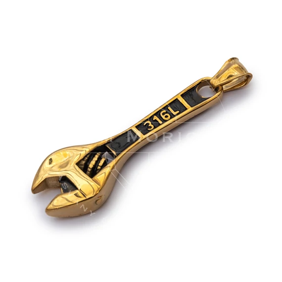 Nemesacél csavarkulcs medál, arany szín, 53x18x6 mm, 1 db