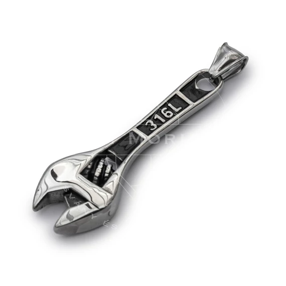 Nemesacél csavarkulcs medál, acél szín, 53x18x6 mm, 1 db