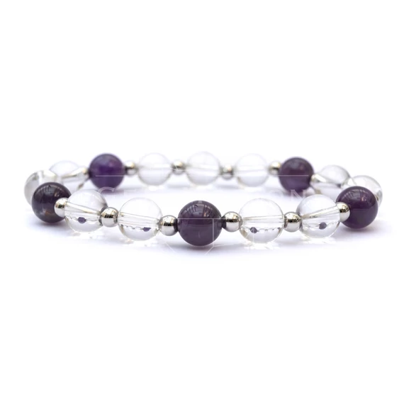 Ametiszt és hegyikristály női gumis ásvány karkötő, 8 mm, 16 cm