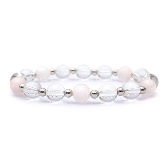 Rózsakvarc és hegyikristály női gumis ásvány karkötő, 8 mm, 16 cm