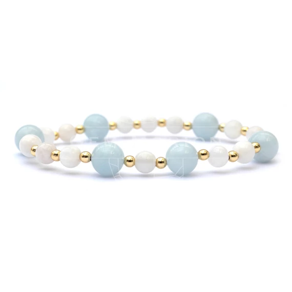 Akvamarin és holdkő női gumis ásvány karkötő, 6-8 mm, 15 cm