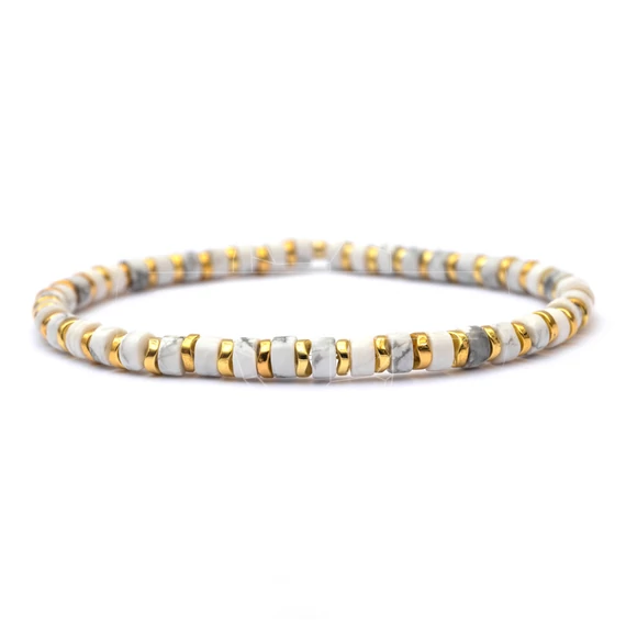 Howlit és hematit korong női gumis ásvány karkötő, 2x4 mm, 16 cm
