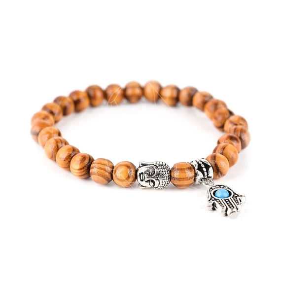 Fa gumis karkötő Buddha fejjel és Hamsa kezével,  8 mm