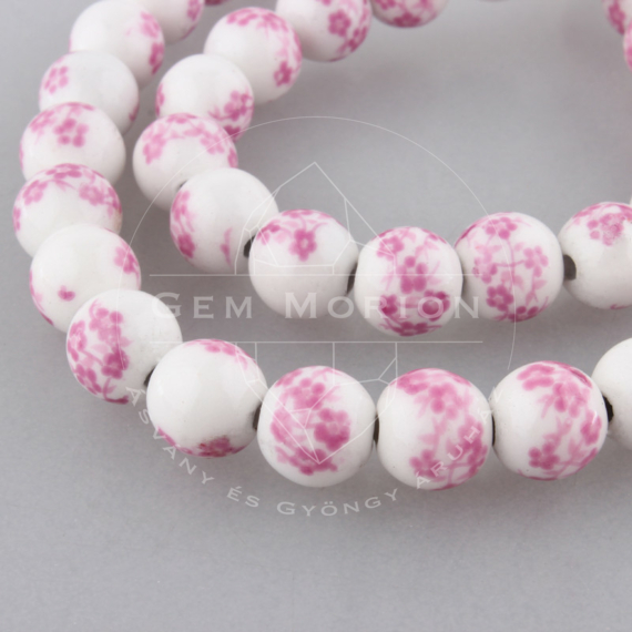 Porcelán gyöngy fehér alapon pink virág mintával, 8 mm (10 db)