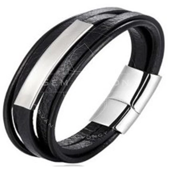 Férfi bőr karkötő, fekete nemesacél, platina színű betéttel, mágnes kapoccsal, 21 cm